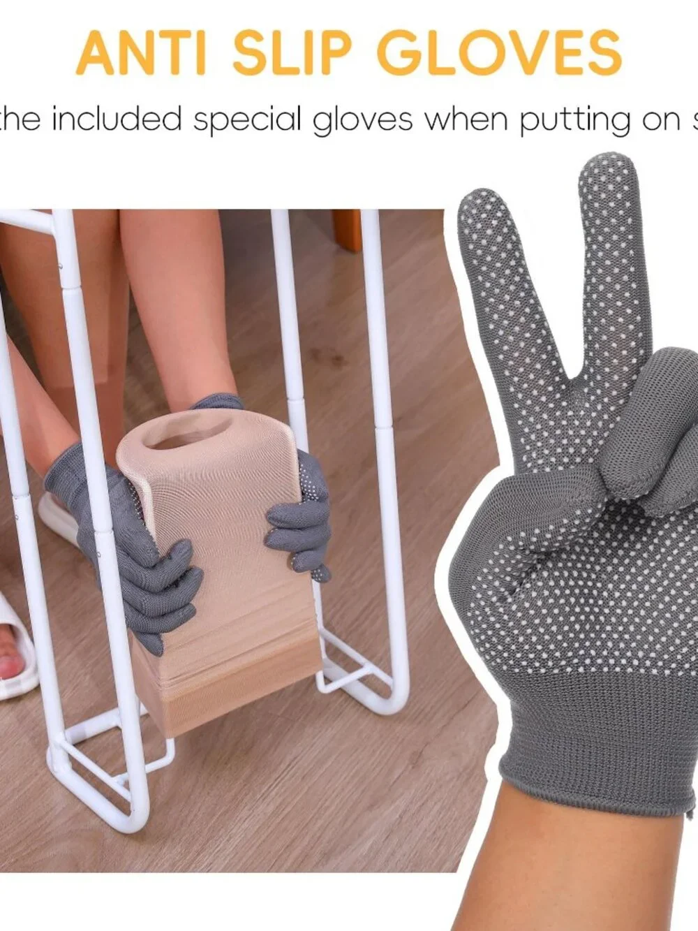 White Sock Aid with Extended Handles and Non-Slip Gloves for Compression Socks